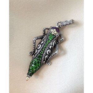 Barbara Bixby Grasshopper Pendant Sterling Silver 18K Gold Chrome Diopside Gems